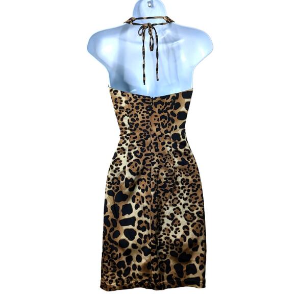 Vintage Y2K 90s Cache Leopard Print Halter Mini Dress Bodycon Clubwear Size 0 - Picture 2 of 11